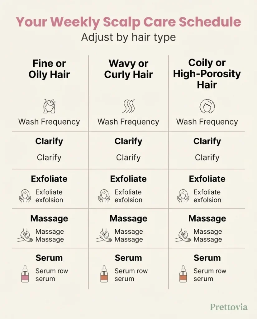 A flat minimalist infographic showing a scalp care weekly routine broken down by hair type including oily, wavy curly, and coily hair with wash and treatment frequency.