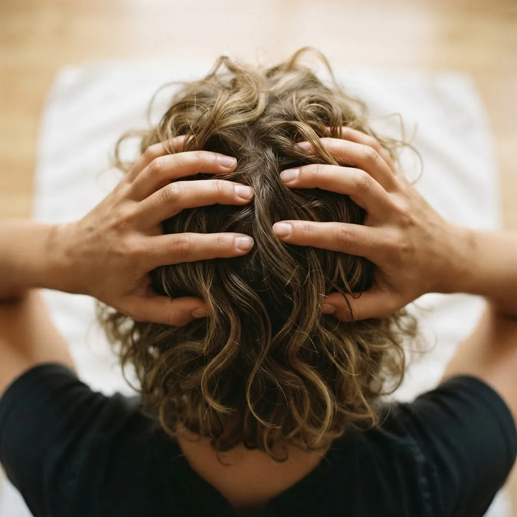 Overhead close-up of a woman massaging her scalp with her fingertips using firm circular pressure on naturally wavy light brown hair.
