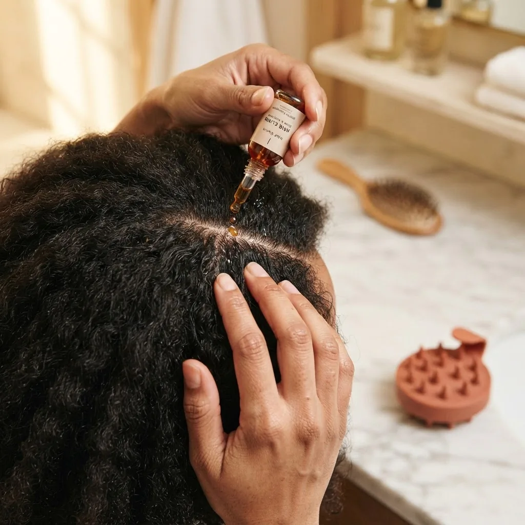 Close-up of fingertips applying rosemary scalp oil along a hair part on a woman with natural dark hair, with a silicone scalp massager resting nearby on a bathroom counter.