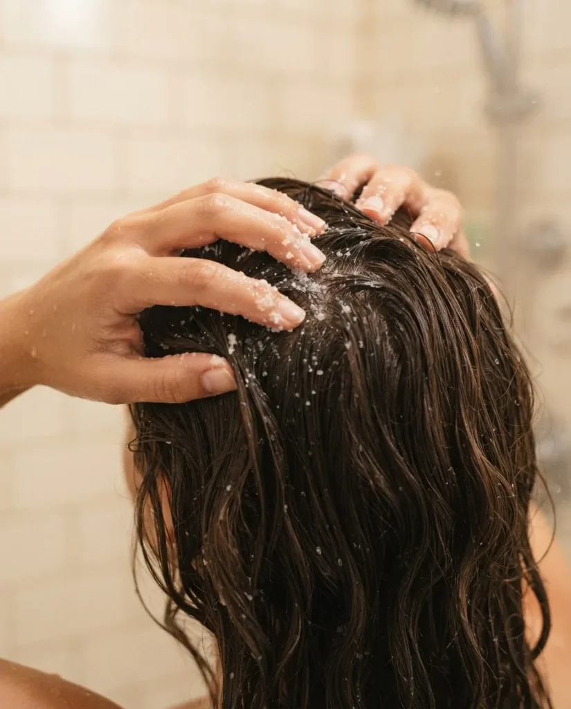 Close-up of a woman's fingertips applying a scalp scrub in circular motions to damp dark brown hair before shampooing.