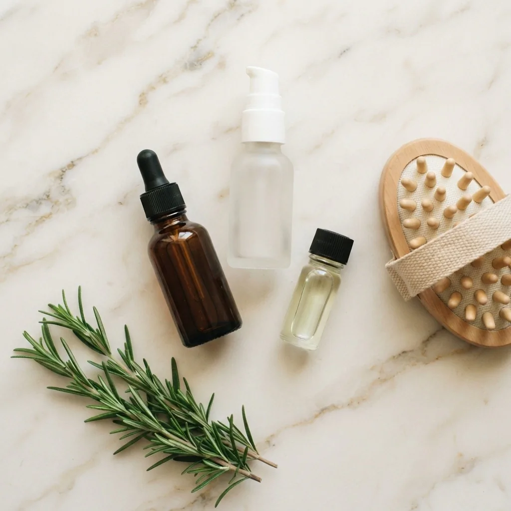 A flatlay of three minimalist scalp serum bottles arranged on a marble surface with a wooden scalp massager tool and dried rosemary sprigs as styling props.