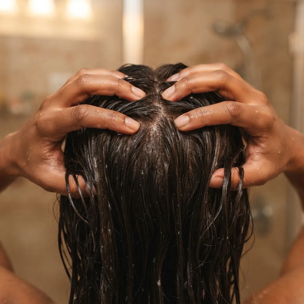 A close-up of a woman's hands gently massaging shampoo into a wet scalp with fingertips, demonstrating the correct scalp-focused shampoo application technique for healthy hair.