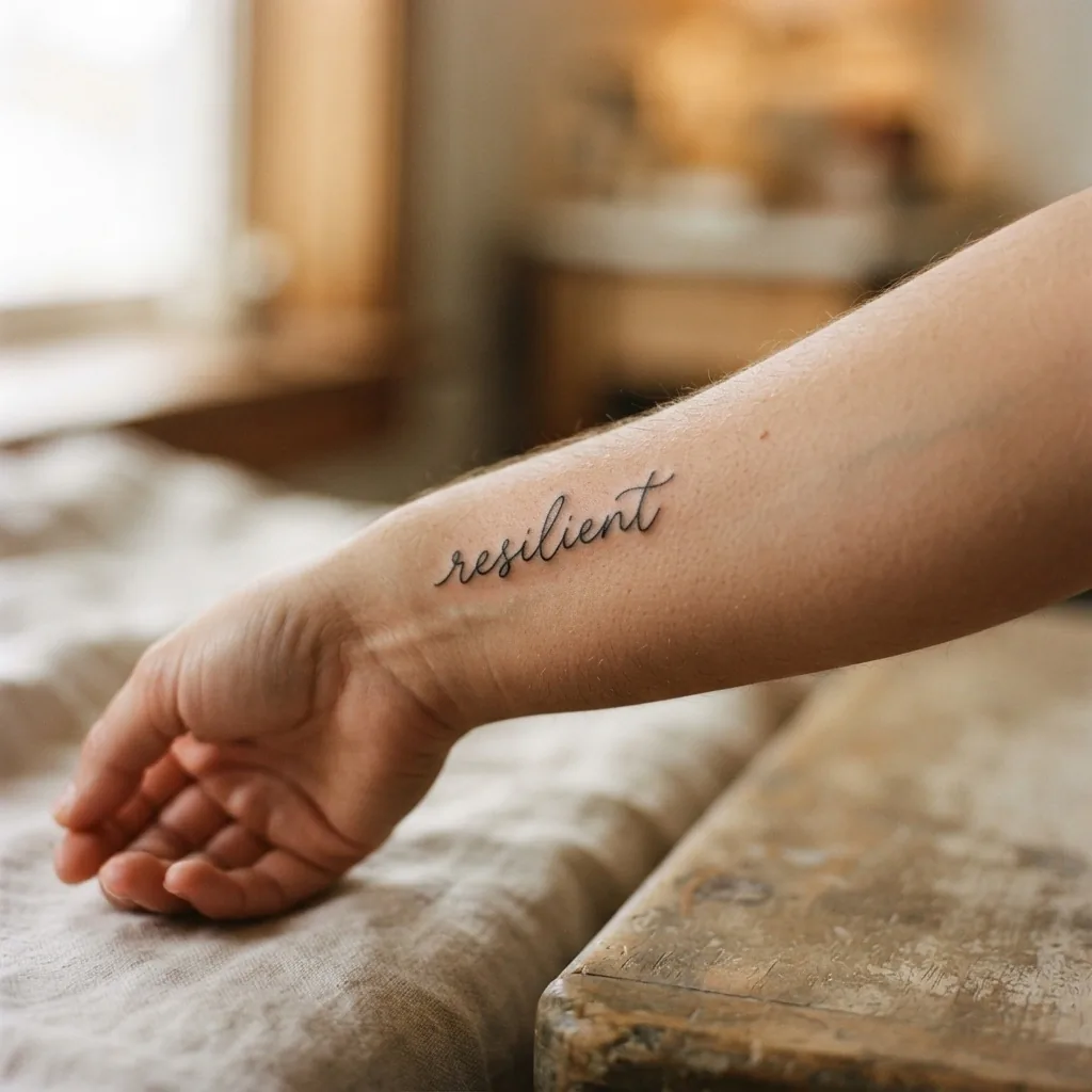 Close-up of a healed fine-line cursive script tattoo on a woman's inner forearm, delicate flowing lettering in black ink on warm skin tones.