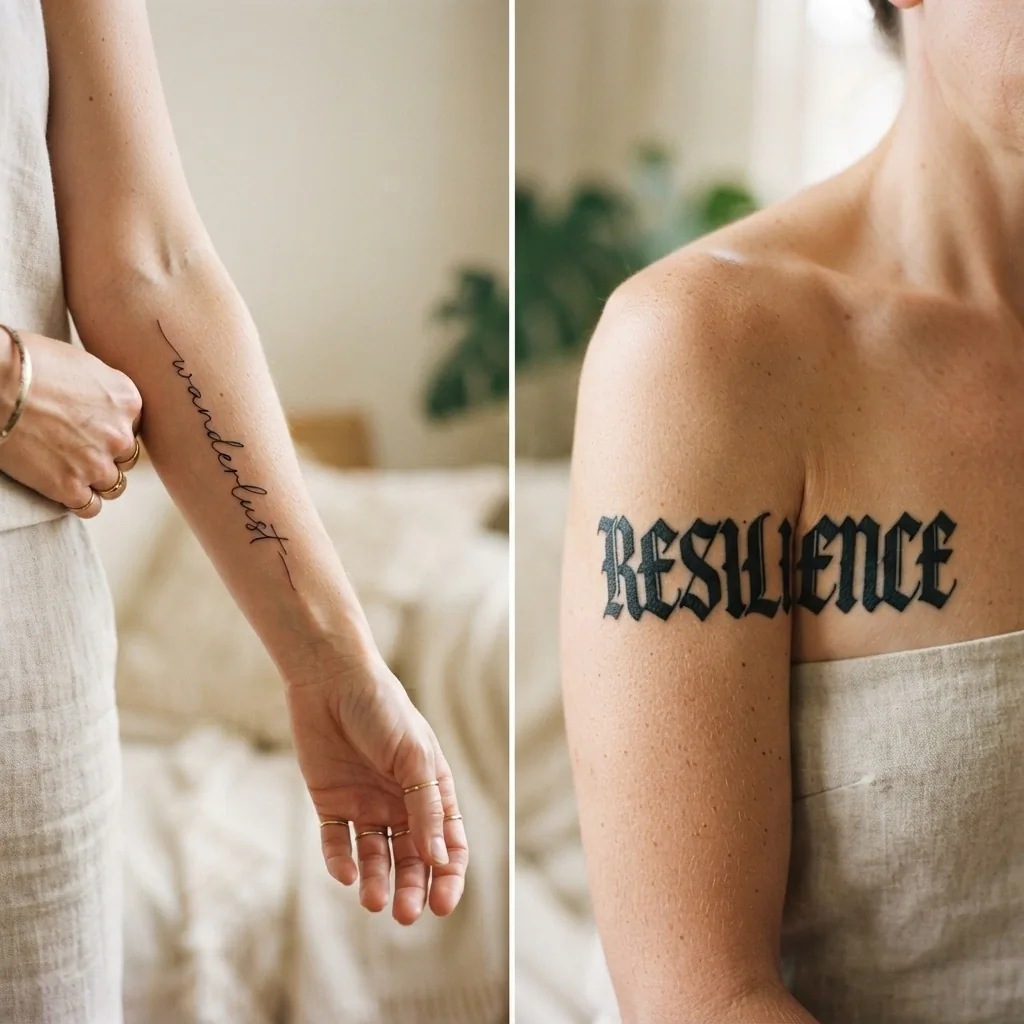 Side by side comparison of a delicate fine-line cursive script tattoo and a bold blackletter script tattoo, both healed and photographed on an adult woman's forearm and upper chest respectively.