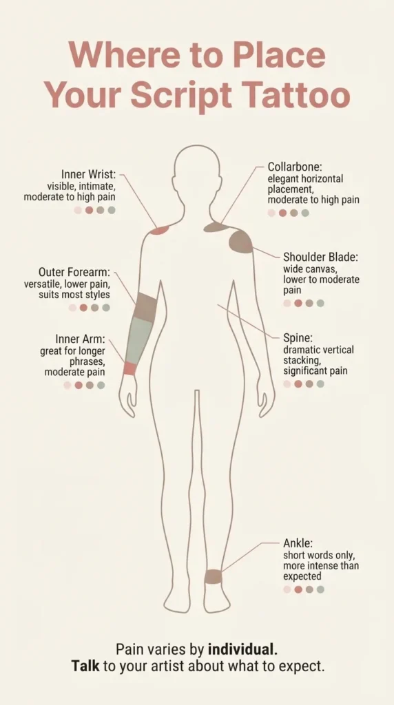 Illustrated body placement guide infographic for script tattoos showing eight common placements including wrist, forearm, collarbone, ribs, and spine with general pain level indicators for each.