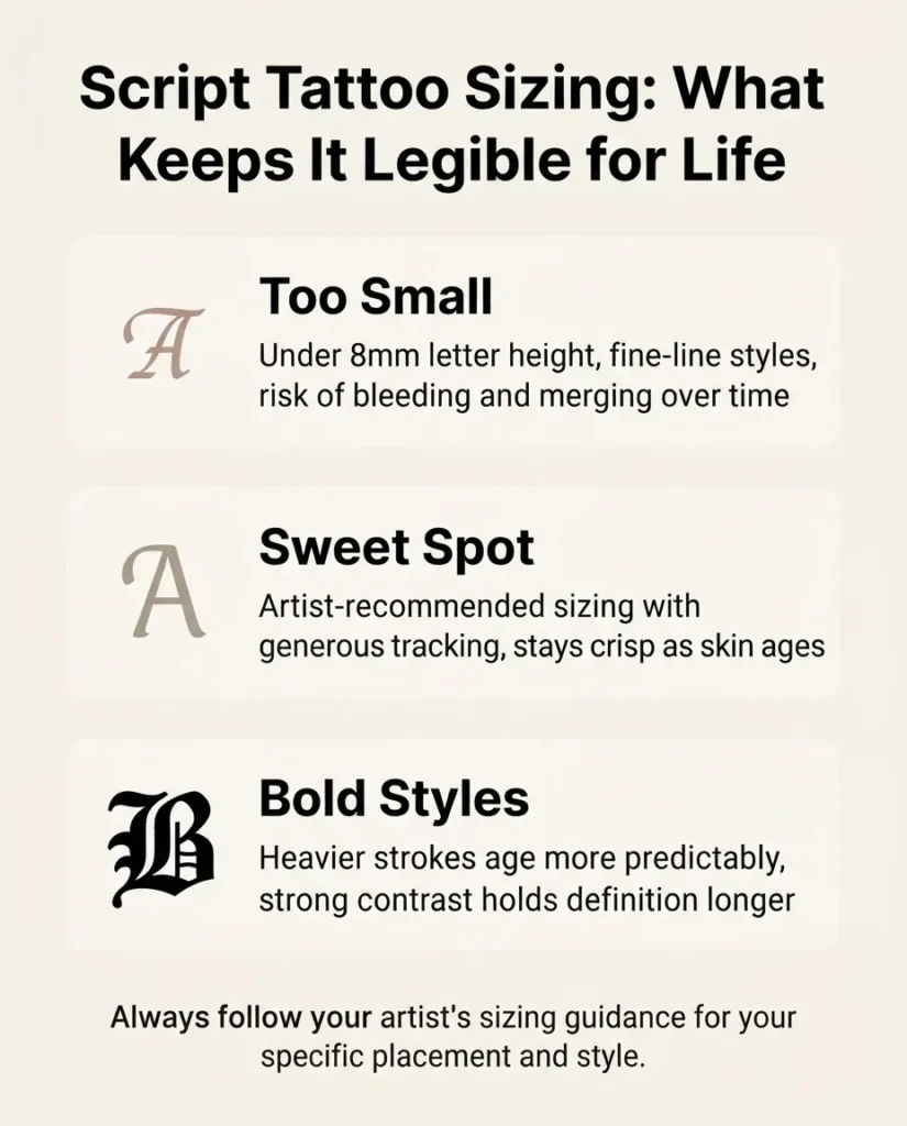 Flat infographic illustrating script tattoo minimum letter height guidelines and spacing rules for fine-line versus bold lettering styles, with legibility notes for long-term aging.