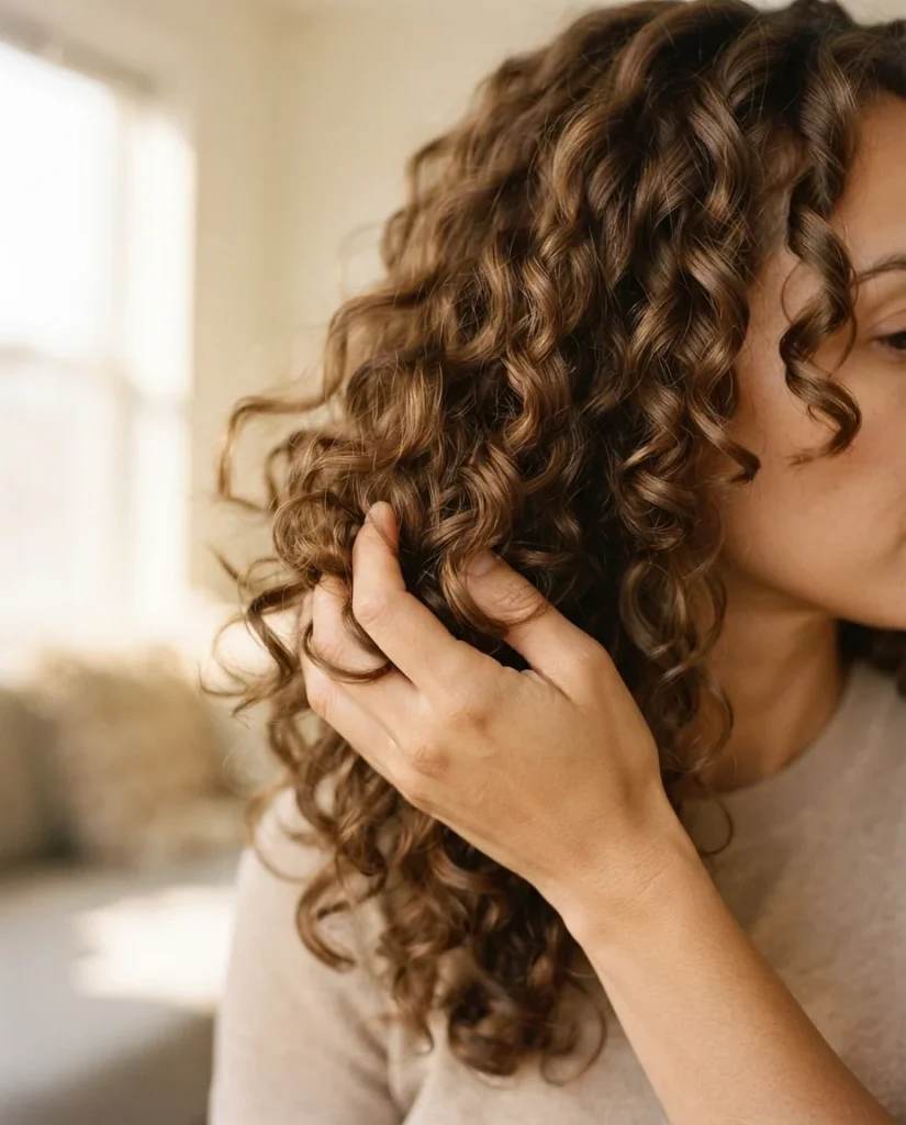 Side view close-up of fully dried and scrunched-out natural curls on a woman with type 3c hair, showing soft defined frizz-free results after breaking the gel cast.