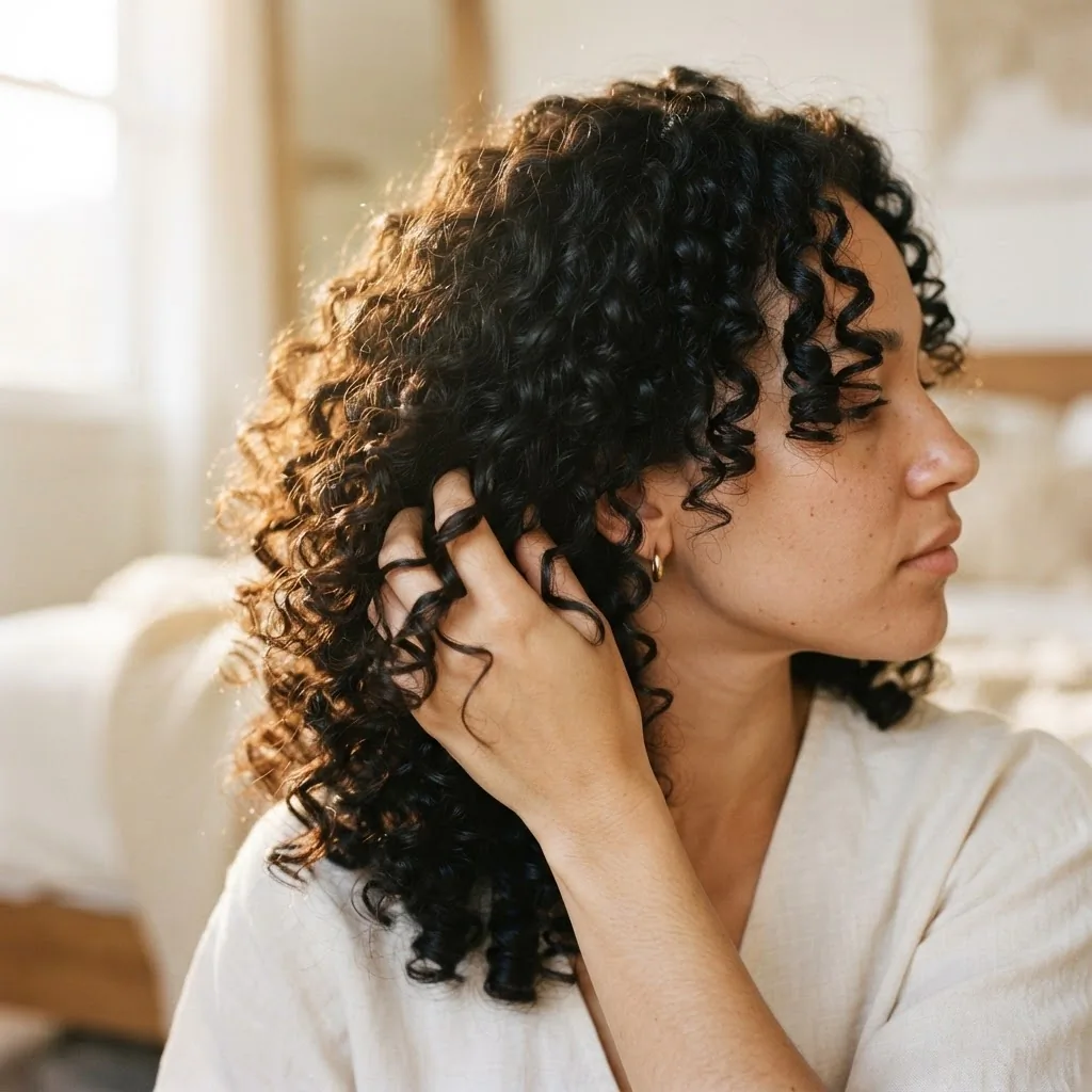 Close-up of a young woman scrunching dry defined 3a curls to remove gel cast, finished bouncy curl result visible, warm soft natural light, authentic non-retouched hair texture.