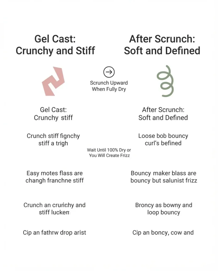 Flat vector diagram showing the scrunch out the crunch step in two stages, gel cast crunchy curl on the left and soft defined curl after scrunching on the right, with labeled steps.