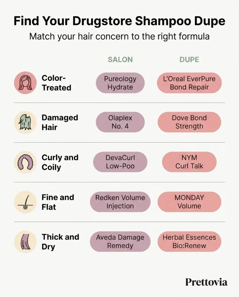 A minimalist flat vector infographic titled "Find Your Drugstore Shampoo Dupe" organized by hair concern categories including color-treated, damaged, curly, fine, and dry hair with matching product pairings.