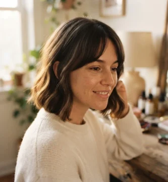 A woman with a chin-length French bob haircut styled with soft curtain bangs and natural texture in warm window light.