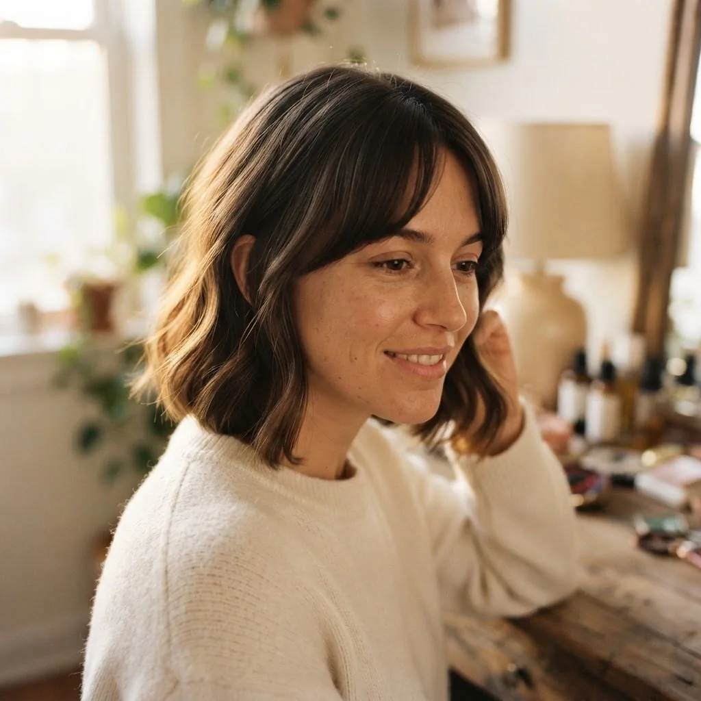 A woman with a chin-length French bob haircut styled with soft curtain bangs and natural texture in warm window light.