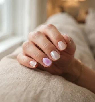 Close-up of ten chic short nail designs on a real hand including micro-French tip, aura nails, and chrome glazed finish in soft natural window light.