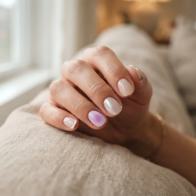 Close-up of ten chic short nail designs on a real hand including micro-French tip, aura nails, and chrome glazed finish in soft natural window light.
