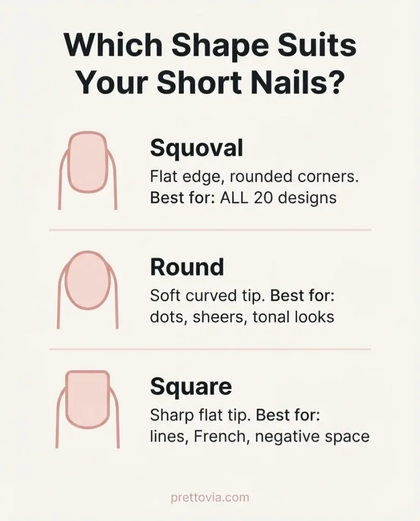 Flat vector infographic comparing three short nail shapes, squoval, round, and square, with labeled diagrams and best use notes for minimalist nail art designs.