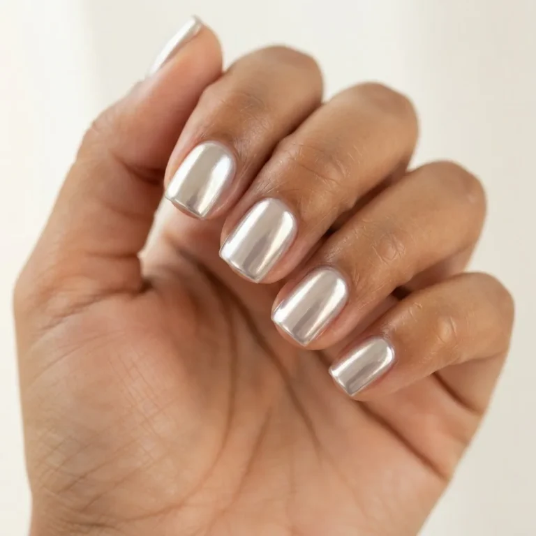 Close-up of short square nails with a glossy glazed donut chrome finish on a warm-toned hand against soft natural light.