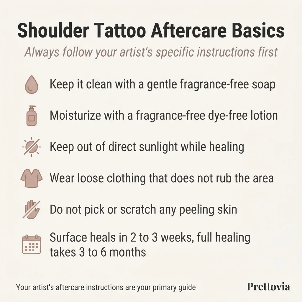 A flat minimalist infographic checklist titled Shoulder Tattoo Aftercare Basics listing healing steps including keeping clean, moisturizing, avoiding sun, and wearing loose clothing.