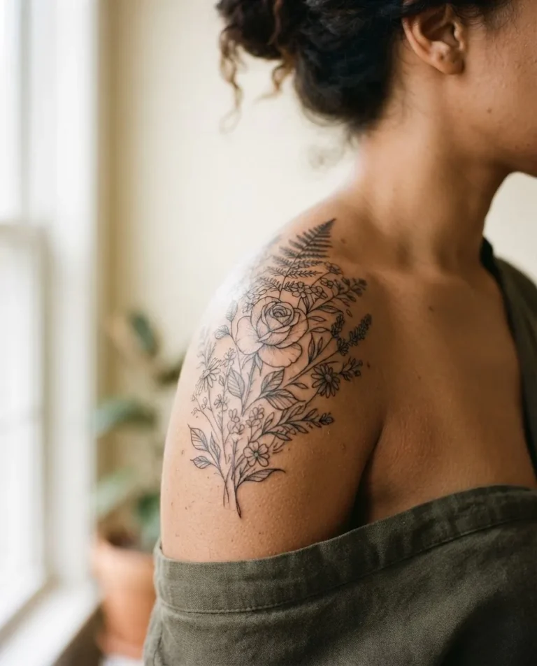 A close-up of a healed fine-line floral shoulder tattoo on a woman's outer deltoid, showing delicate botanical linework in soft natural light against warm skin.