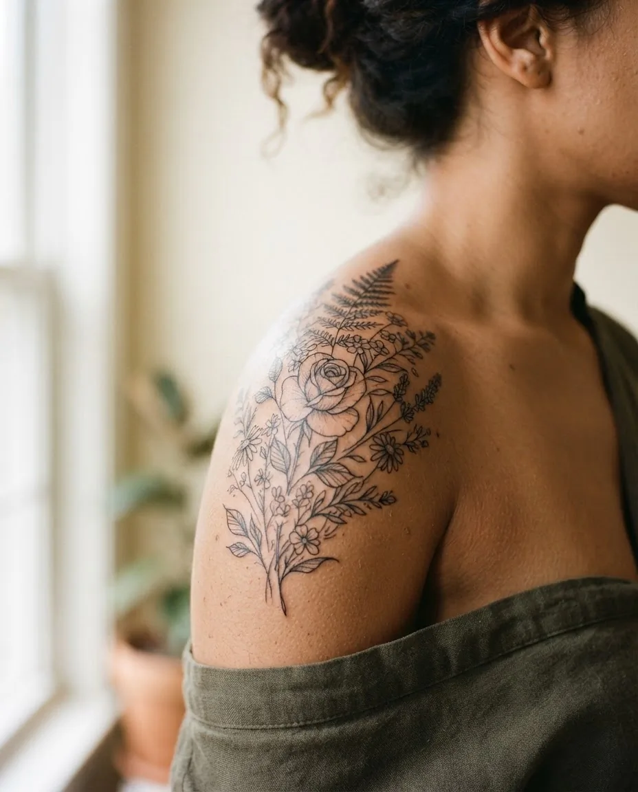 A close-up of a healed fine-line floral shoulder tattoo on a woman's outer deltoid, showing delicate botanical linework in soft natural light against warm skin.