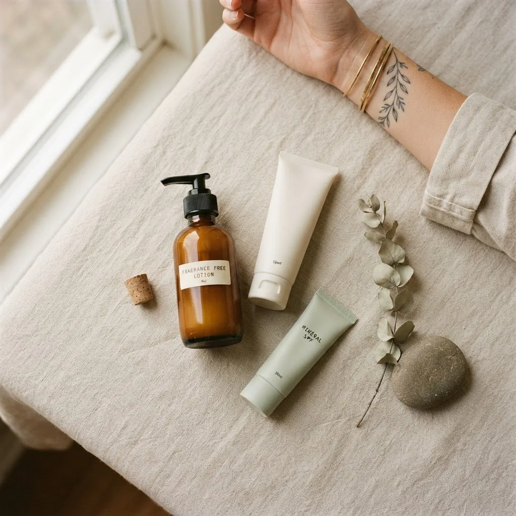 Soft flatlay of tattoo aftercare essentials including fragrance-free lotion, gentle cleanser, and SPF on a clean light surface with a small healed wrist tattoo visible in the background.
