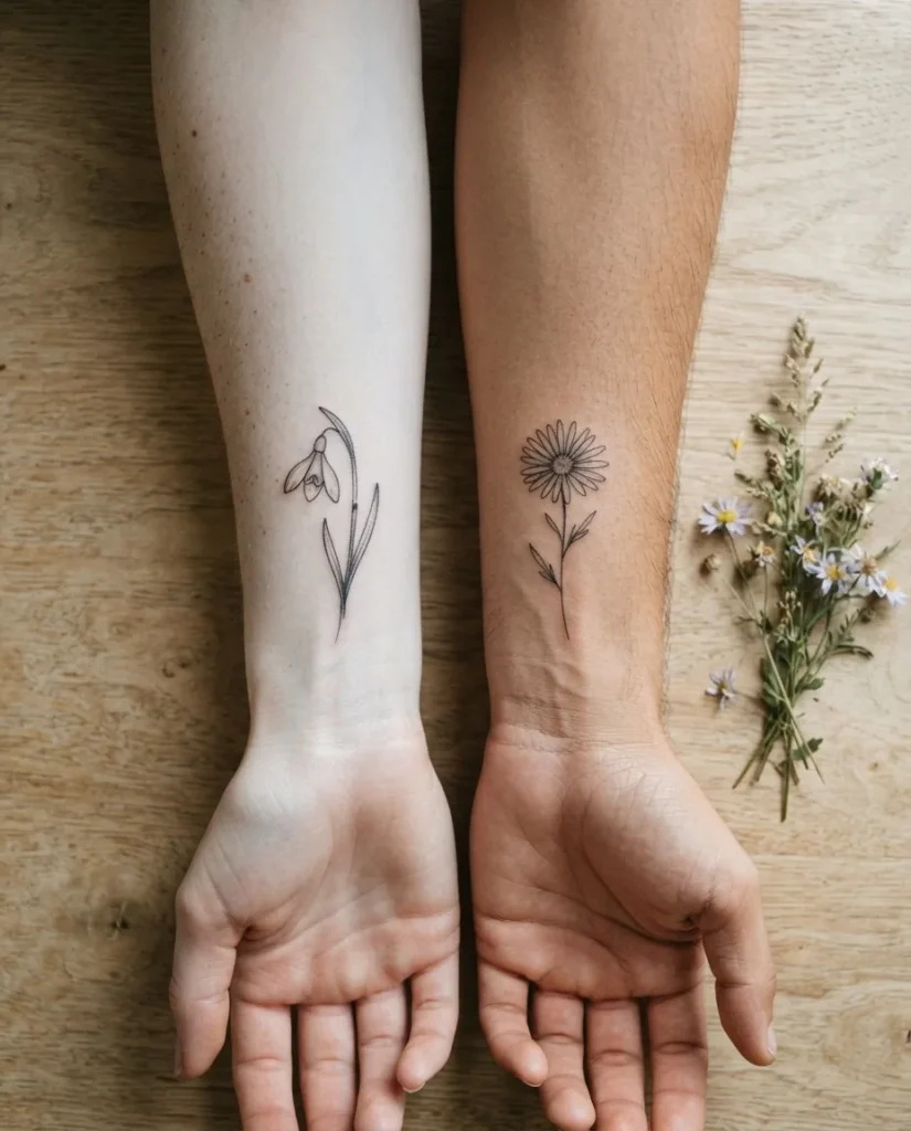 Close-up of two healed fine-line botanical birth flower tattoos on the inner forearms of two adult women shown side by side.