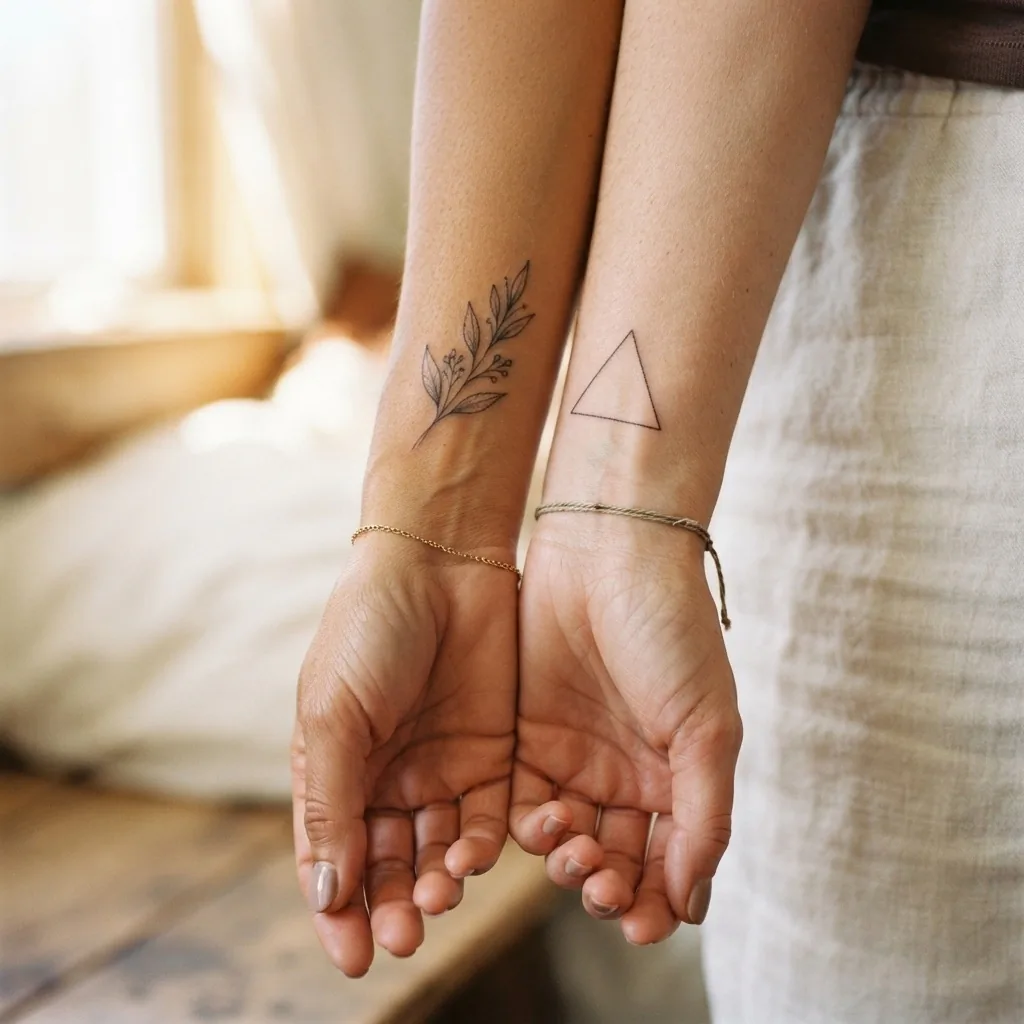 Two adult women holding their wrists side by side to show matching minimalist fine-line tattoos on a soft natural-light background.
