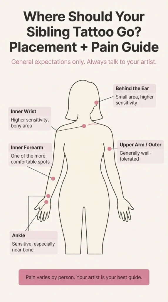 Flat vector body placement guide infographic showing common sibling tattoo placements with general pain level indicators for wrist, ankle, forearm, and collarbone.