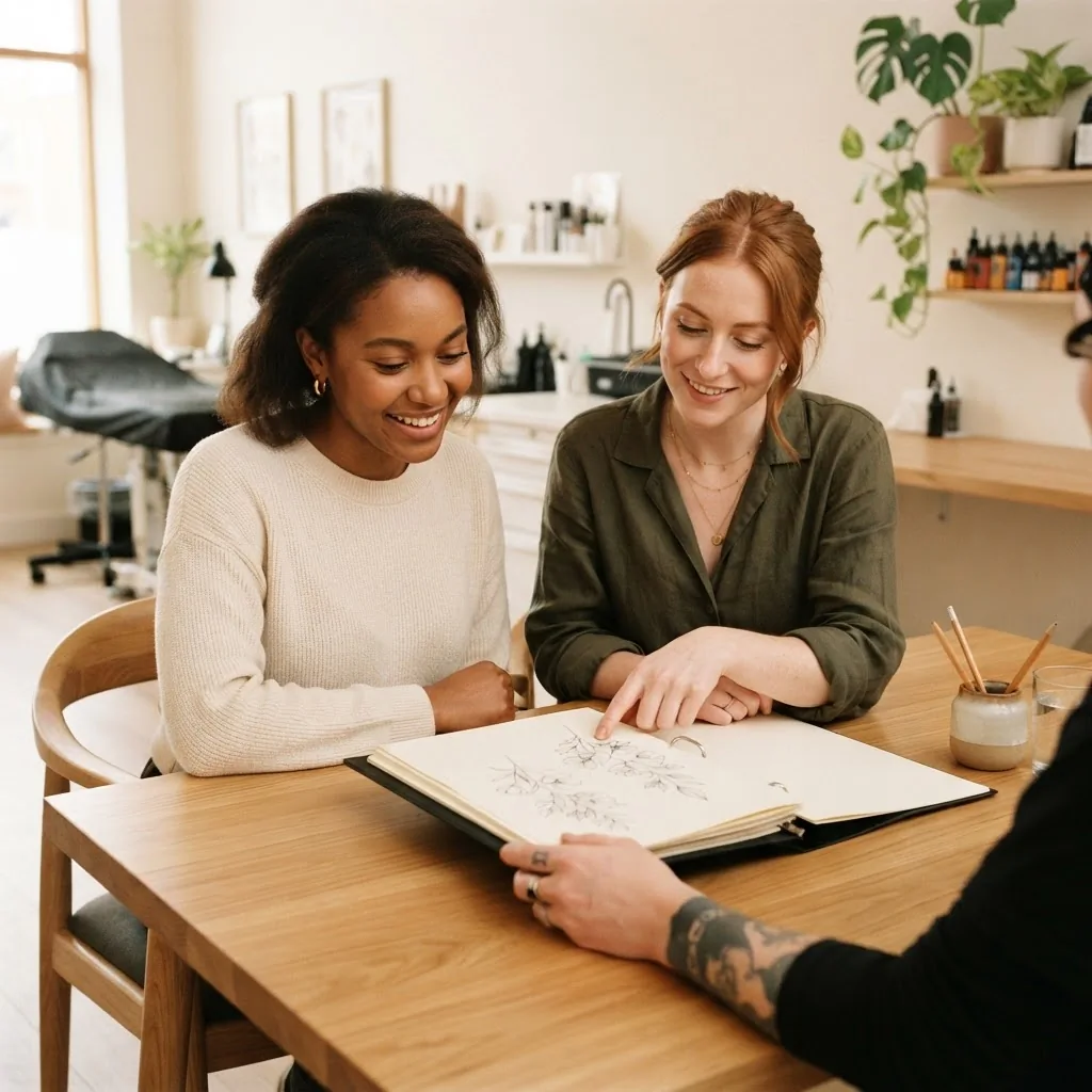 Two adult women sitting together at a clean professional tattoo studio consultation, looking at a portfolio with a tattoo artist across from them.