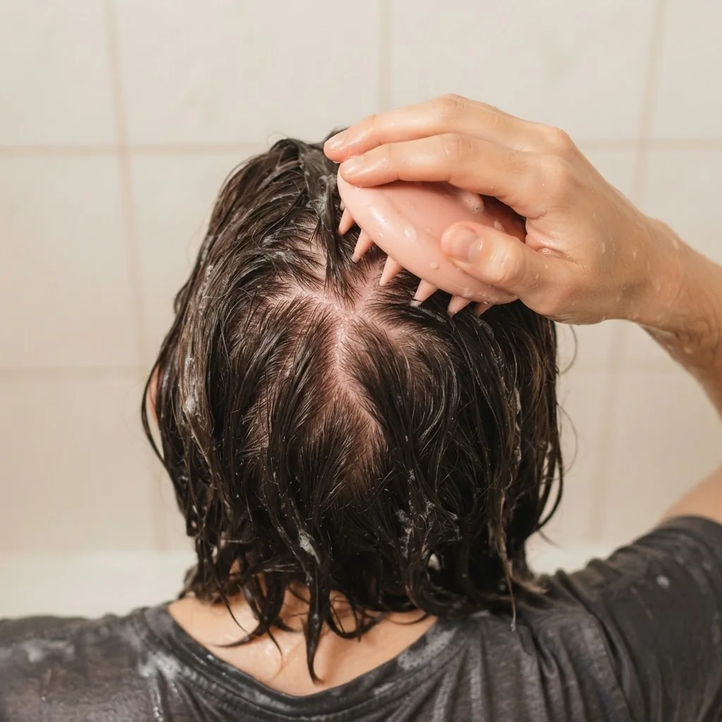 Overhead close-up of a silicone scalp massager being used in circular motions on wet hair during a shampoo routine, showing flexible bristles pressing gently into the scalp.