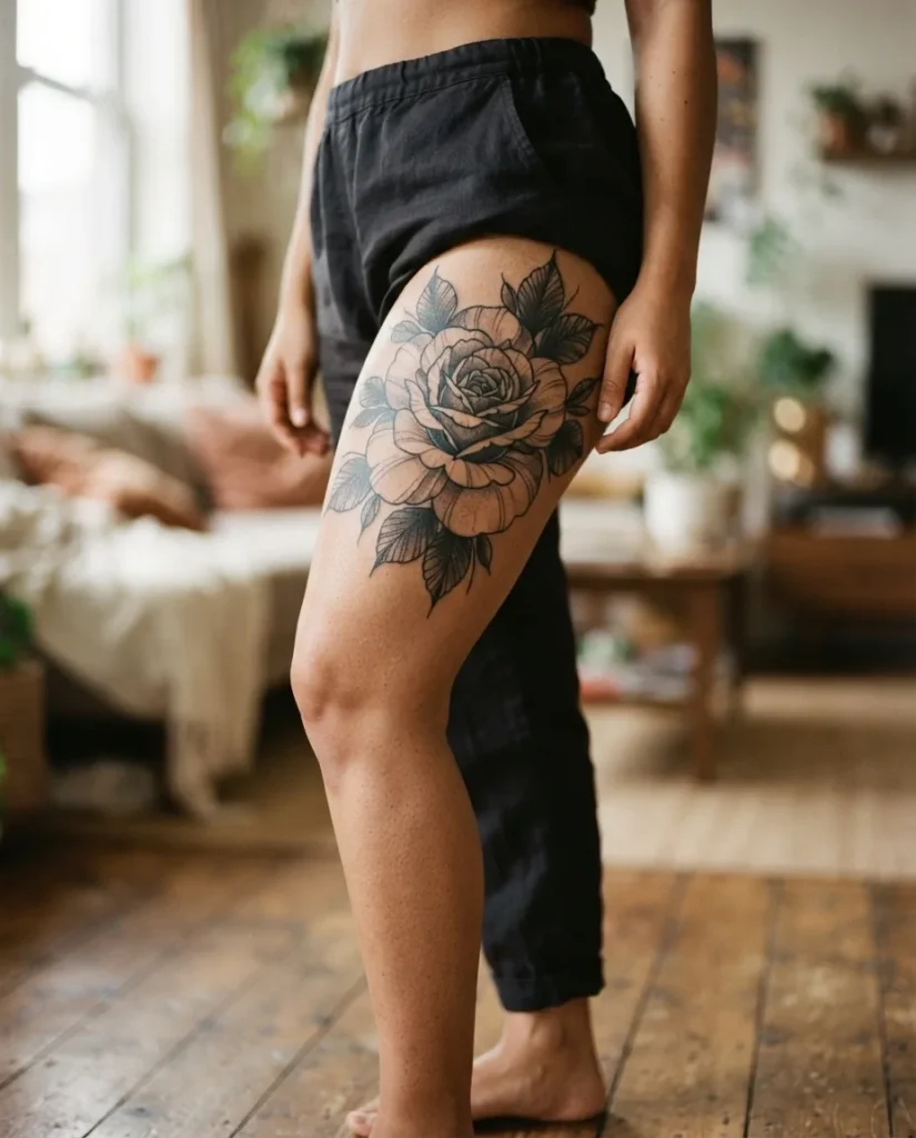 Close-up of a bold illustrative rose tattoo on the outer thigh of a woman in her twenties, showing rich black ink linework and detailed petal shading against soft warm skin in natural light.