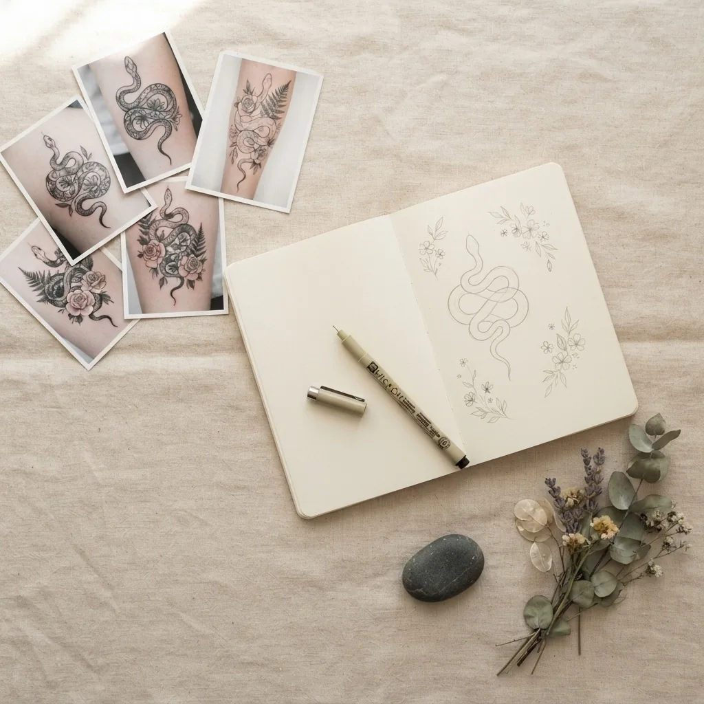 Overhead flatlay of a tattoo consultation mood board including printed snake tattoo reference images, an open sketchbook with pencil sketches, and a small botanical sprig on a warm white surface.