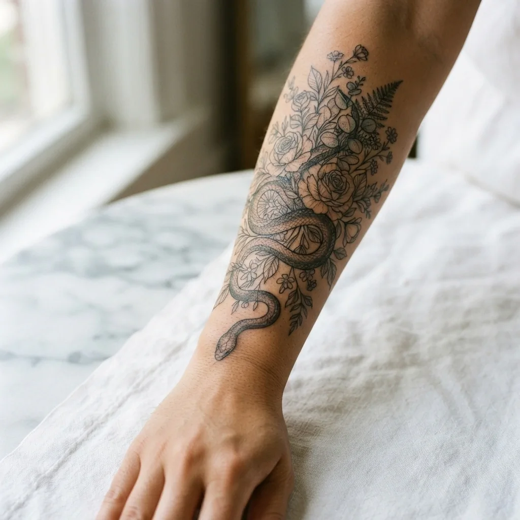 Detailed close-up photograph of a fine line snake and floral tattoo wrapping along a woman's forearm, the serpent body weaving through botanicals with visible linework texture in warm natural light.