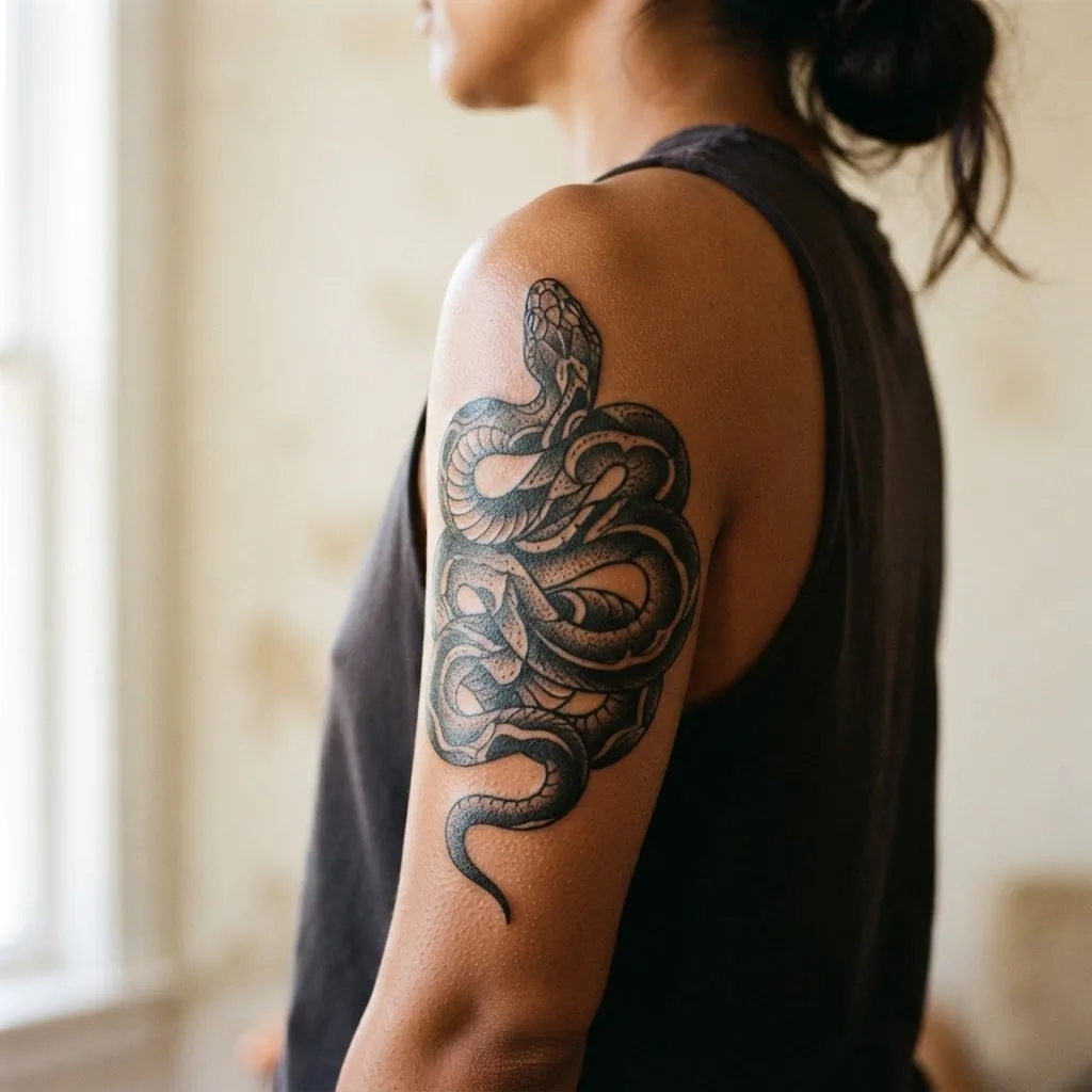 Close-up of a bold blackwork coiled snake tattoo on the outer upper arm of a woman with warm medium skin tone, the design showing clear linework and shadow depth in soft side lighting.