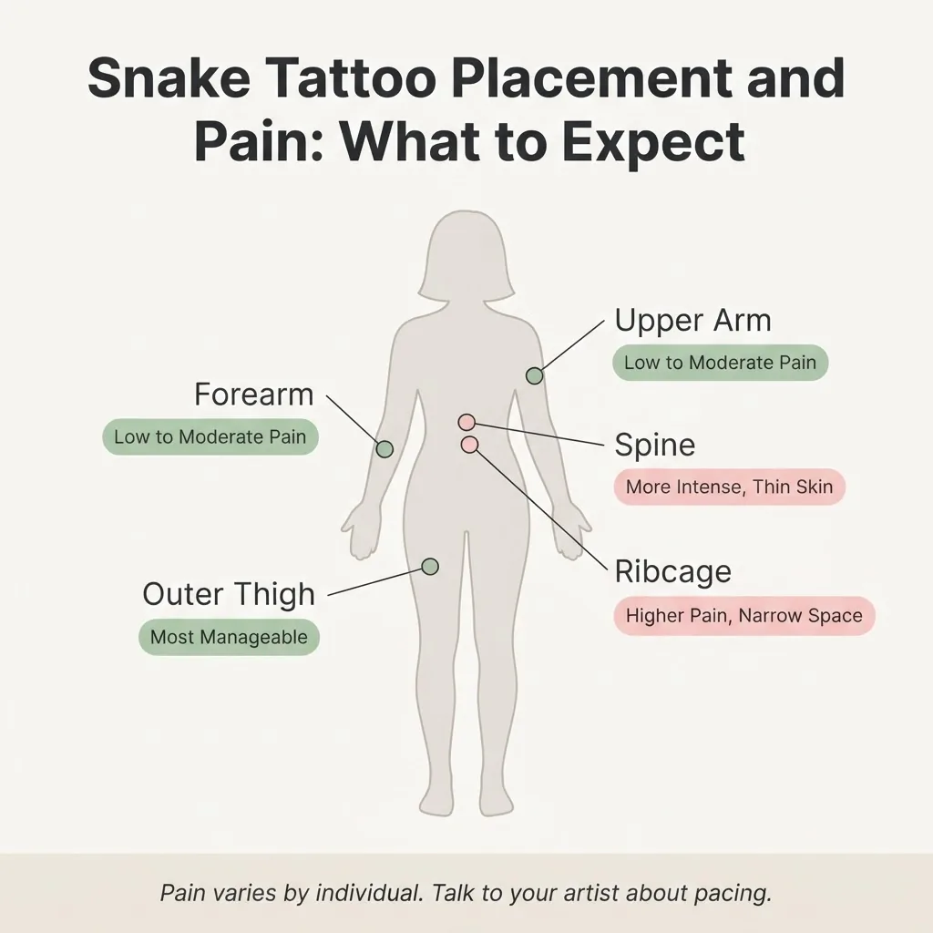 Flat minimalist infographic showing a female body silhouette with color-coded snake tattoo placement zones rated from low to high pain, including forearm, thigh, spine, and ribcage labels.