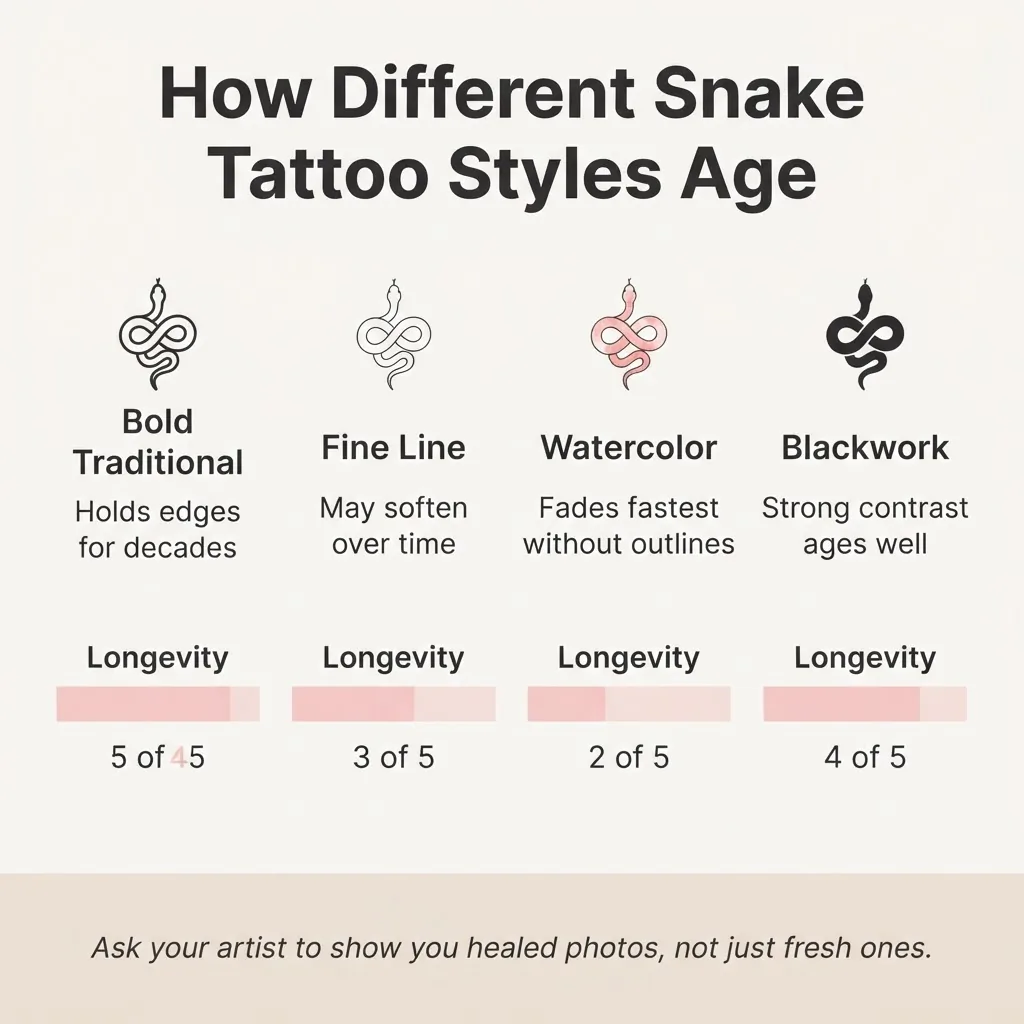 Flat minimalist infographic comparing how four snake tattoo styles age over time, with columns for bold traditional, fine line, watercolor, and blackwork, and longevity ratings for each.