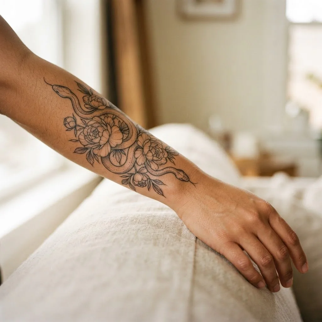 Close-up of a healed fine line snake and peony tattoo winding along a woman's forearm, photographed in soft natural window light against a warm neutral background.