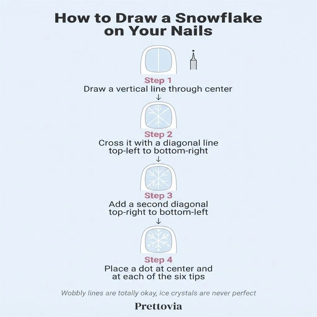 Flat vector step-by-step diagram titled How to Draw a Snowflake on Your Nails showing four stages from first line cross to finished six-point snowflake with dot accents.