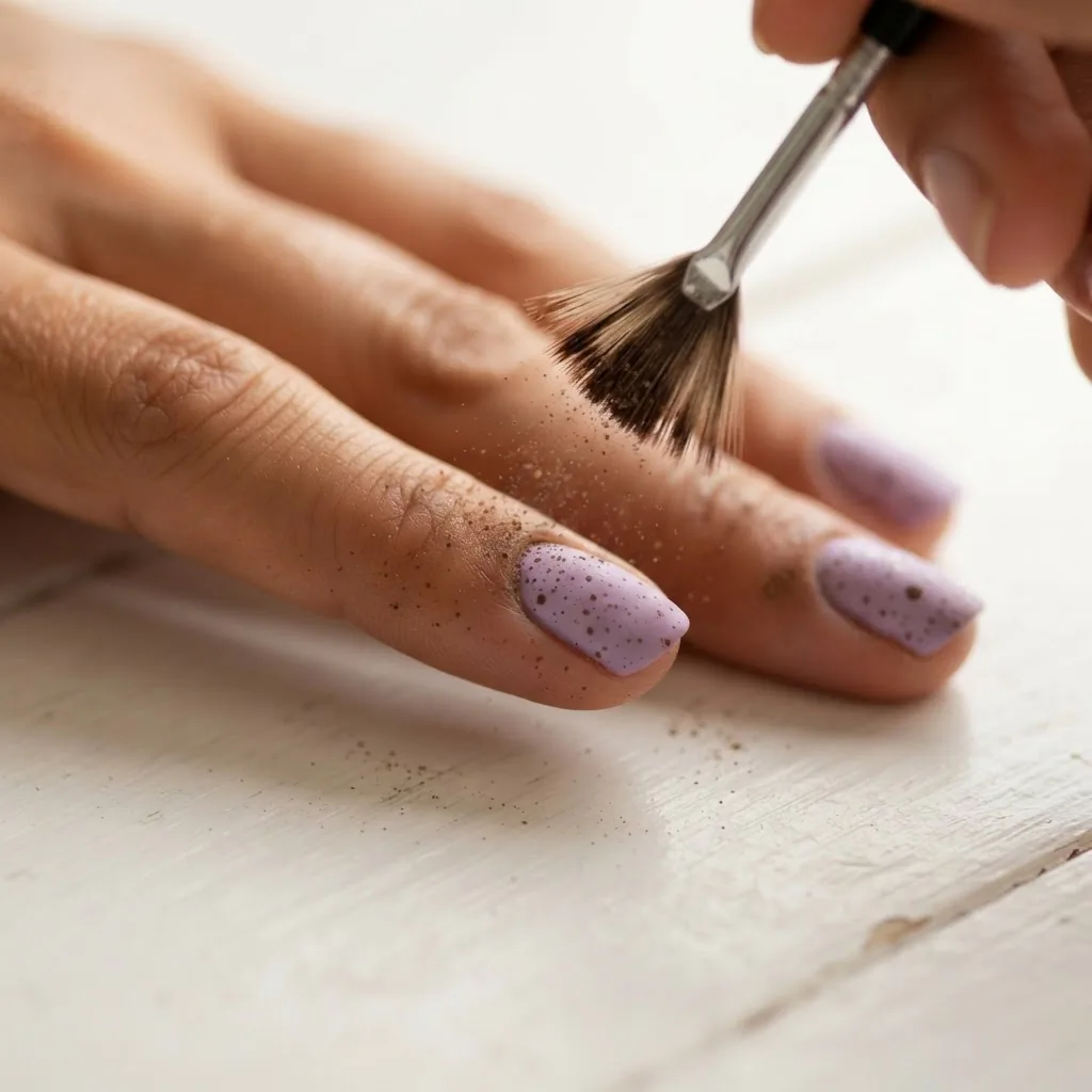 Close-up in-progress shot of speckled Easter egg nail art technique showing a stiff fan brush held above a lavender-painted nail with tiny brown speckles being flicked onto the nail surface.
