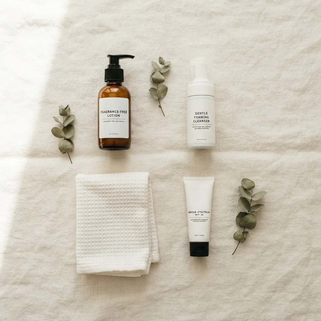 A clean flatlay of gentle tattoo aftercare essentials including fragrance-free lotion, a soft cleanser, and SPF on a warm white linen surface with soft natural light.