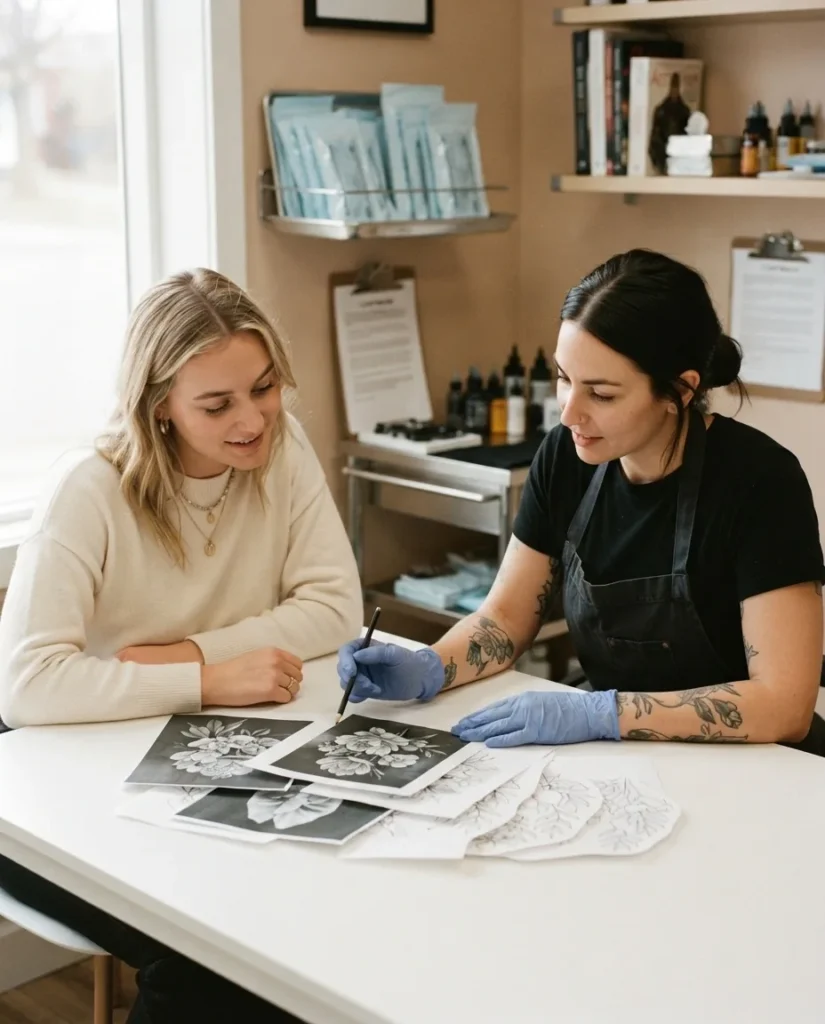 A licensed tattoo artist reviewing a client's spine tattoo reference images at a clean professional studio consultation table with natural light and organized supplies visible.