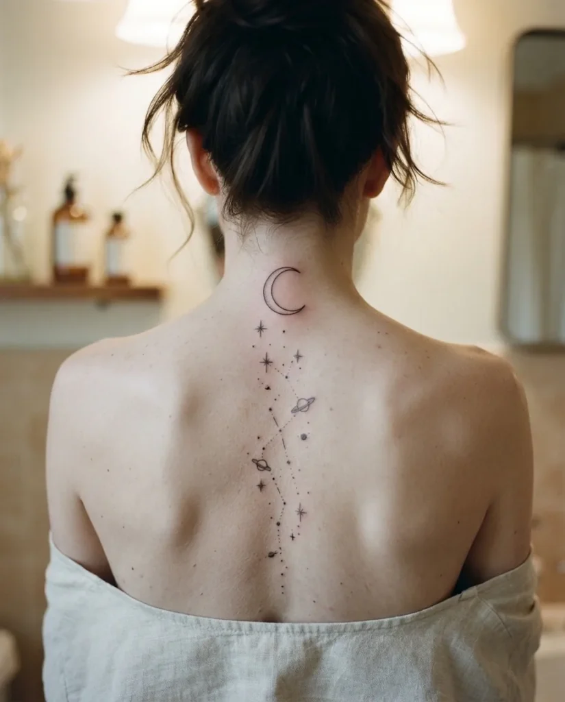 A healed celestial spine tattoo with a crescent moon at the top trailing into fine line stars and a constellation arrangement along the center back of a woman in her twenties.