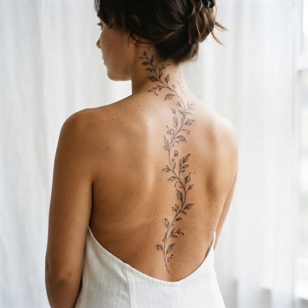A healed fine line botanical vine spine tattoo on a woman's back, with delicate etched leaves climbing the full length of the vertebral column in soft natural light.
