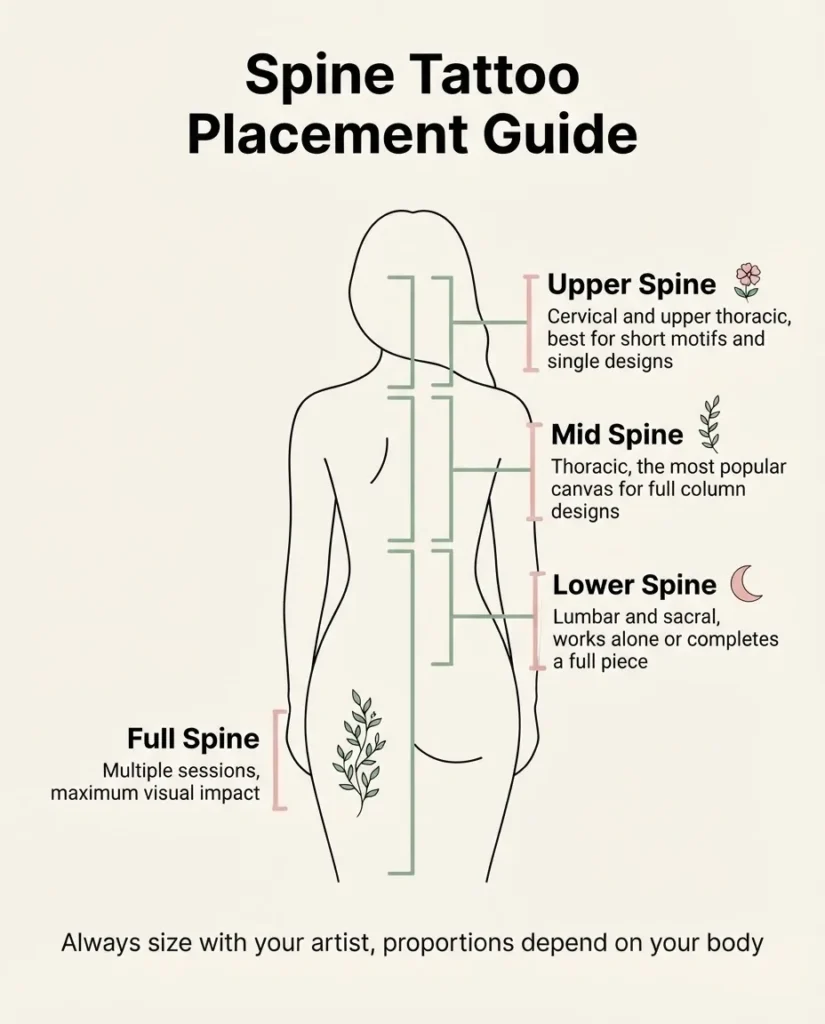 A flat minimalist infographic diagram illustrating the four spine tattoo placement zones, upper, mid, lower, and full spine, with size and design pairing notes for each section.