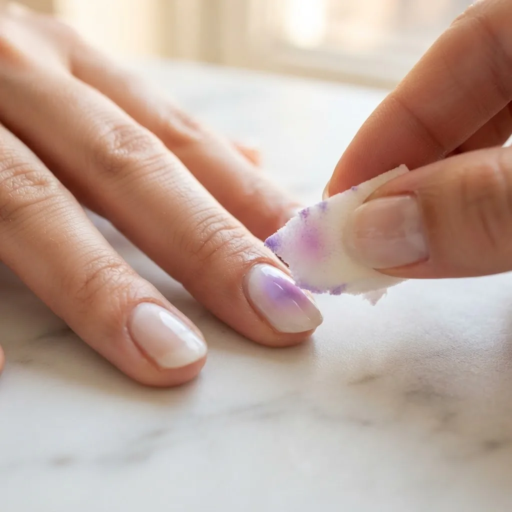 In-progress close-up of a torn makeup sponge blending a soft lavender aura nail design onto a sheer white base on a light-toned hand under warm natural window light.