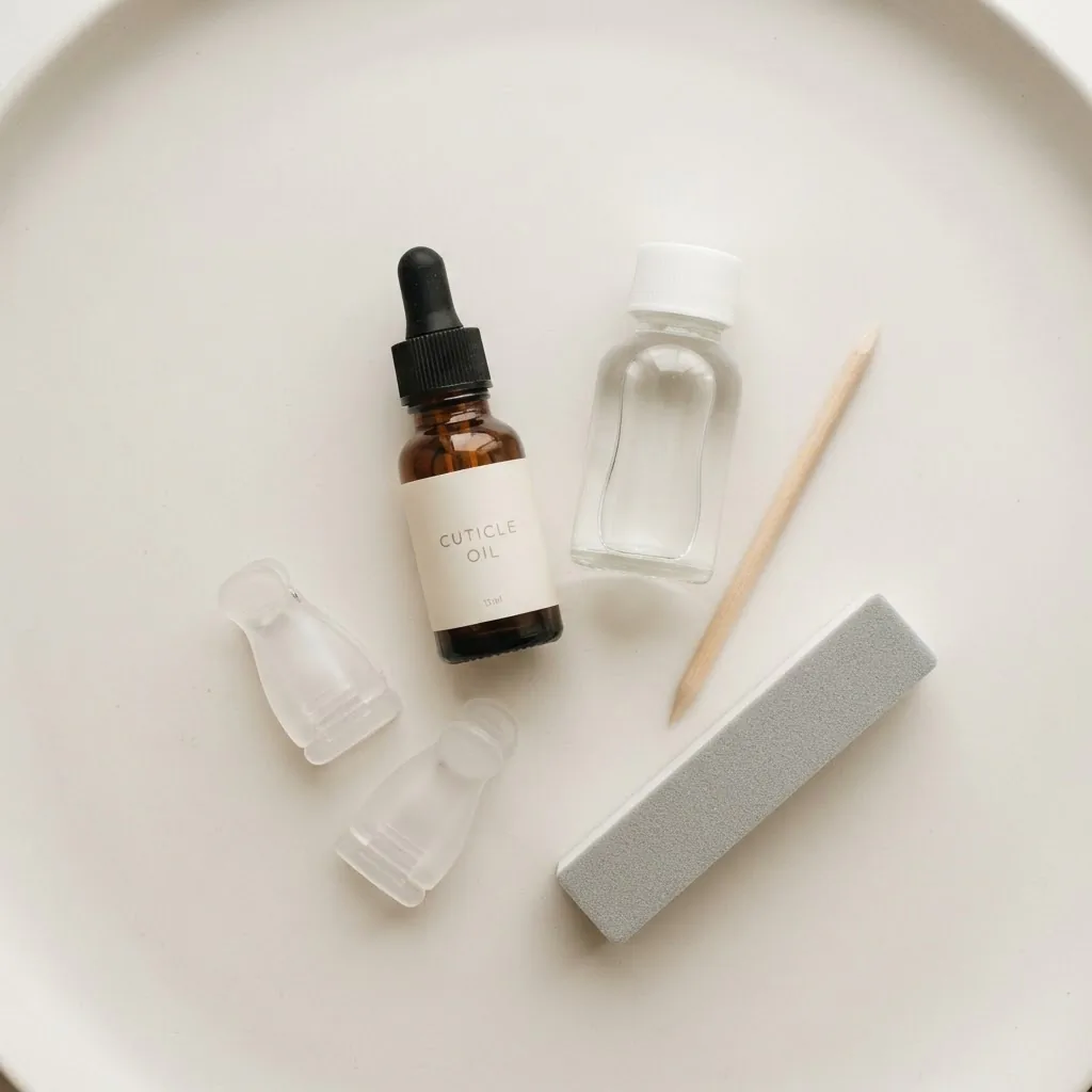 Overhead flatlay of nail care essentials including a small bottle of cuticle oil, acetone, nail removal clips, an orangewood stick, and a nail buffer arranged on a clean white surface.