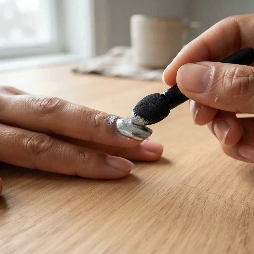Close-up in-progress shot of a foam eyeshadow applicator applying silver chrome powder to a cured gel nail on a medium-toned hand at a home table setting.