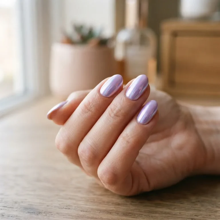 Close-up of a finished pastel lavender chrome spring manicure on a natural-looking hand with soft window light highlighting the mirror-like shine.
