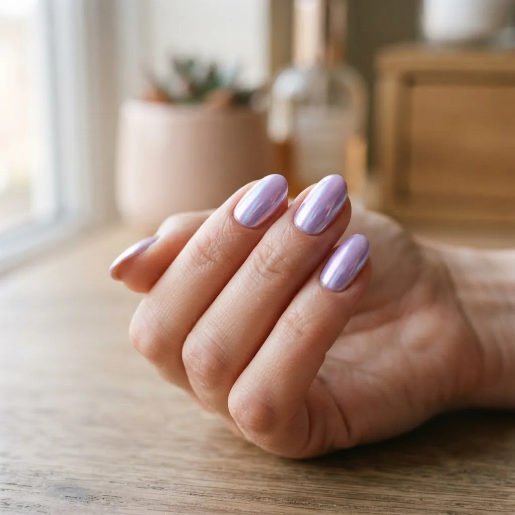 Close-up of a finished pastel lavender chrome spring manicure on a natural-looking hand with soft window light highlighting the mirror-like shine.