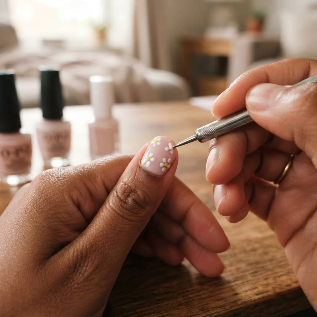 Close-up of a dotting tool placing tiny five-dot flower nail art onto a pale pink base coat on a natural medium-dark-toned hand with a warm home lighting setting.