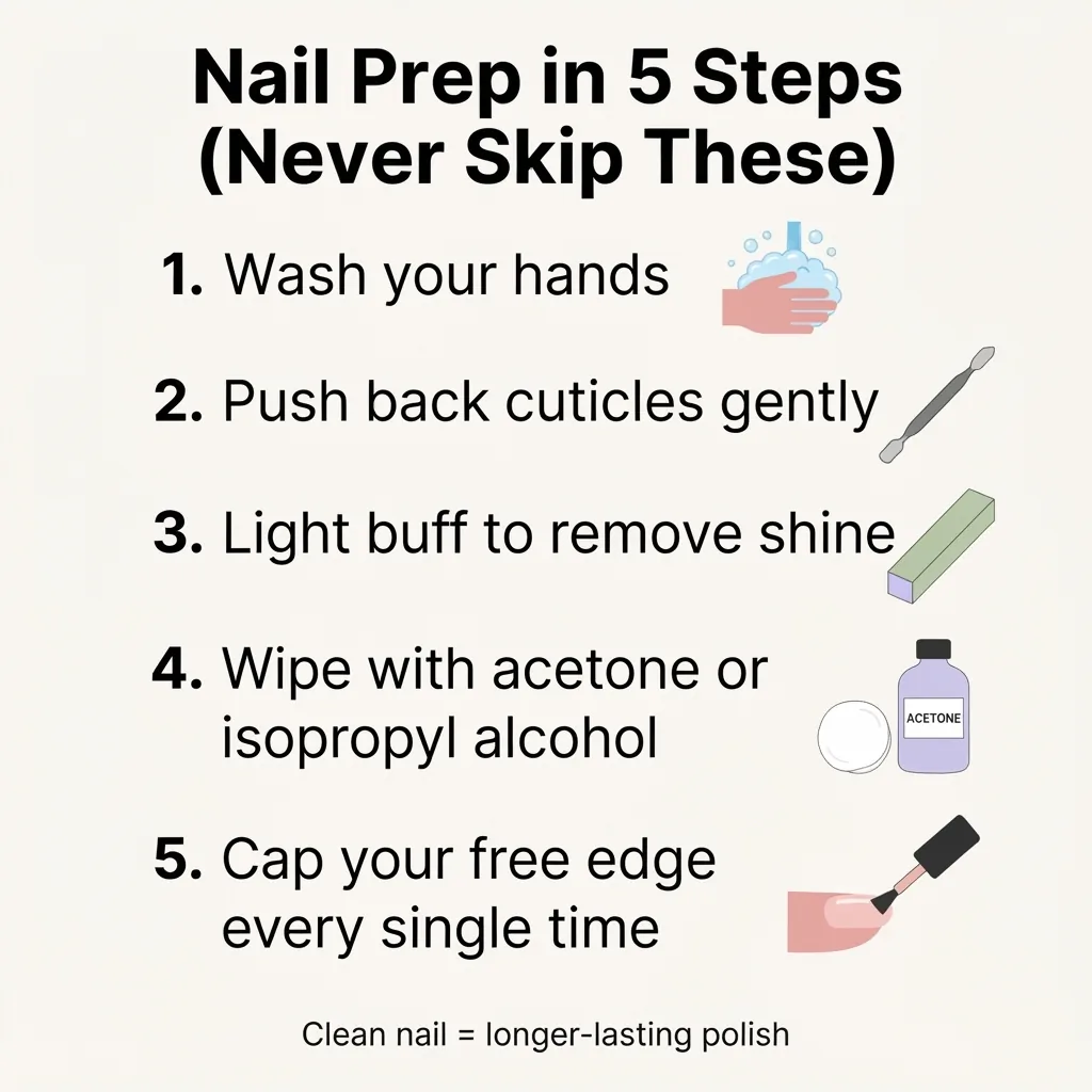 Flat vector infographic checklist showing the five nail prep steps before painting spring nail designs, including washing hands, pushing back cuticles, buffing, dehydrating, and capping the free edge.